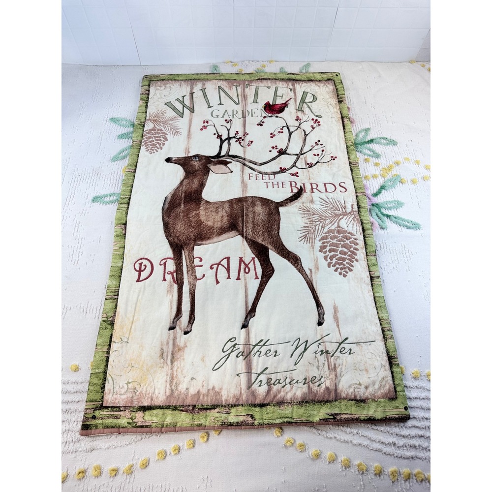Handmade Winter Garden Deer Quilted Wall Hanging Rustic Wildlife Tapestry 41x24